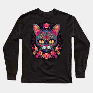 Teal Dreams Sugar Skull Cat Long Sleeve T-Shirt